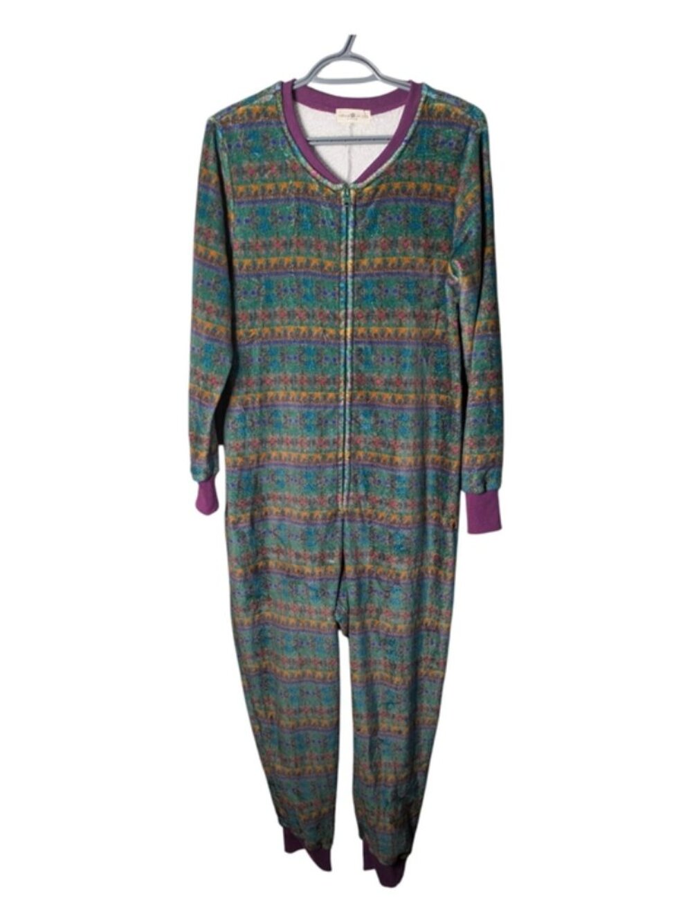Natural Life One Piece Pajama Jumpsuit Fair Isle Green Purple Women's Size XS/S